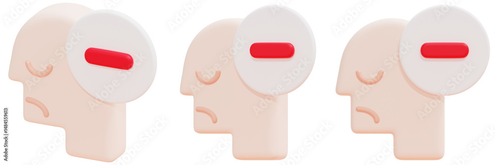 Poster set of 3d rendered heads with red negative symbols sad abstract concept 3d render icon illustration