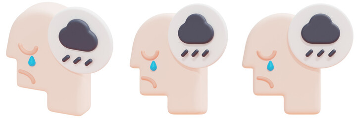 Set of 3D Rendered Heads Illustrating Sadness with Rain Clouds 3d Render Icon Illustration