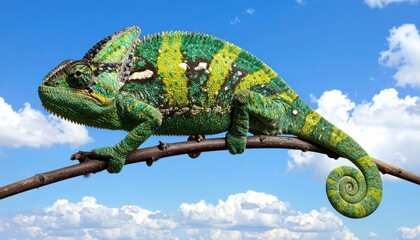 Obraz premium Vibrant chameleon perched upon branch against a beautiful blue cloudy sky