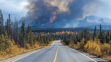 A serene road stretches through a dense forest of tall pine trees under a clear sky.