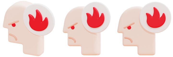 Set of Beige Heads with Red Flames on White Circles Illustrating Anger 3d Render Icon Illustration