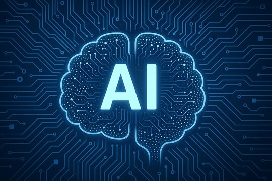 Digital brain with AI text against abstract circuit background displays artificial intelligence - Powered by Adobe