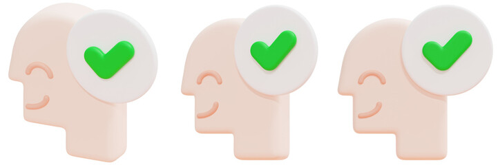 Set of Peach Colored Heads with Green Checkmarks and White Background 3d Render Icon Illustration