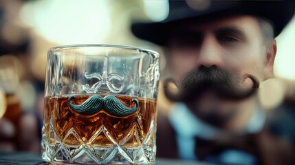 A clear glass with a rounded shape contains amber-colored liquid, adorned with a bright green felt mustache placed across the upper rim.