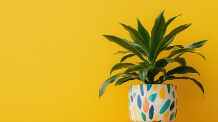 Dracaena Plant in Colorful Ceramic Pot with Abstract Pattern Against Bright Yellow Background