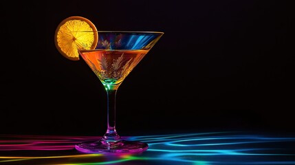 A dark, elegant martini glass filled with a rich, dark beverage, highlighted by a twist of orange peel perched on the rim.