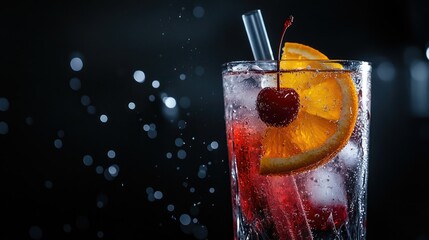 A glass filled with a vibrant red beverage, featuring ice cubes and garnished with an orange slice and a maraschino cherry.