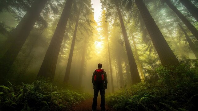 A tranquil forest scene featuring towering redwoods surrounded by lush greenery.