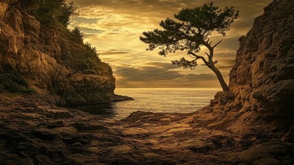A serene coastal landscape featuring rugged rock formations emerging from the ocean, surrounded by gentle waves.
