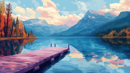 A serene landscape featuring a calm lake surrounded by majestic mountains.