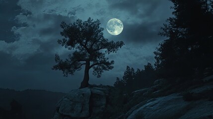 A large, bright full moon dominates the sky against a backdrop of dark, swirling clouds.