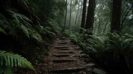 A serene forest pathway winds through towering redwood trees, illuminated by soft sunlight filtering through the leaves.