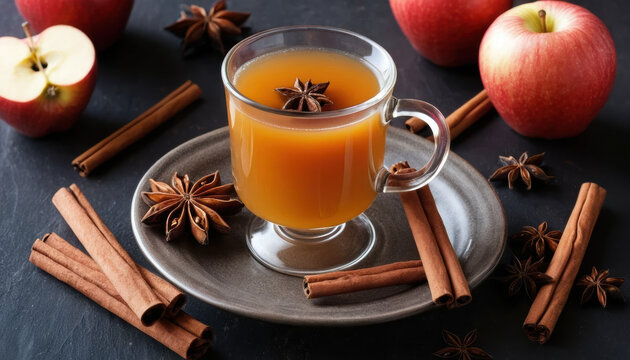 Warm apple cider drink in glass cup with star anise, surrounded by cinnamon sticks, fresh apples, and star anise on dark surface, creating cozy and inviting autumn or winter atmosphere - Powered by Adobe
