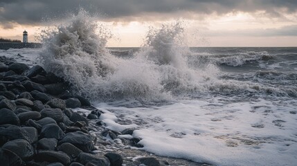 A rocky shoreline with waves crashing against dark stones in the foreground, while a small island with a lighthouse and a few trees is visible in the background.