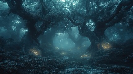 A mystical forest shrouded in fog, gnarled trees with twisted branches reaching towards the sky, glowing mushrooms illuminating the shadowy undergrowth, the hoot of an owl echoing in the distance