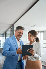 Vertical photo of happy busy mature professional business people, two happy business man and woman...