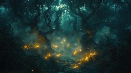 A mystical forest shrouded in fog, gnarled trees with twisted branches reaching towards the sky, glowing mushrooms illuminating the shadowy undergrowth, the hoot of an owl echoing in the distance