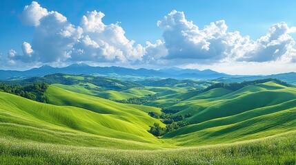 Obraz premium A panoramic view of rolling green hills stretching towards a distant mountain range under a vast, cloud-dotted sky The landscape inspires a feeling of freedom and tranquility