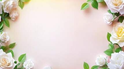 Elegant Floral Frame with White Roses and Pale Pink Background, Ideal for Wedding Invitations and Romantic Designs