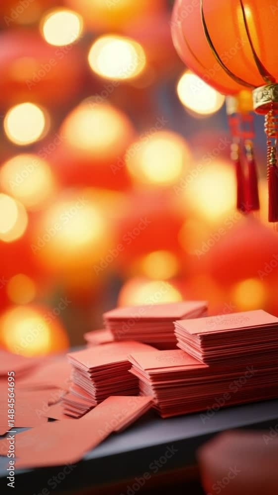 Poster Vertical video of Red envelope background with glowing lanterns creates festive and joyful atmosphere perfect for celebration and tradition during