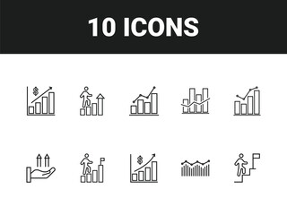 Growth line icon set. Set of outline icons related to growth, performance, gain, improvement, increase, evolution, development and others. Growth outline icons collection.
