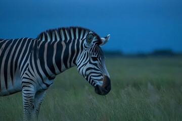Close-Up of a Zebra in Grassy Landscape Under Twilight Sky, Capturing Unique Stripes and Tranquil Atmosphere of African Savanna
