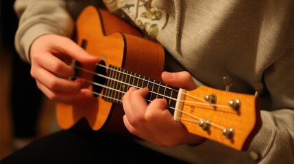 Fototapeta premium Close-up view of hands playing a ukulele.