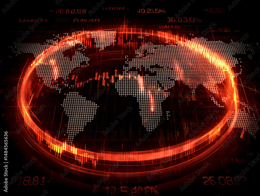 Poster tense 3d rendering of a critical point in a global financial network glowing red