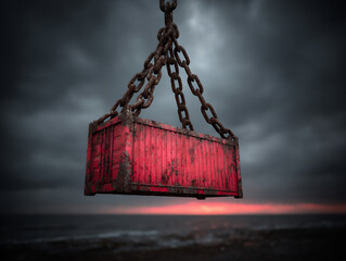 tense 3d rendering of a single cargo container hanging by frayed chains over a stormy sea