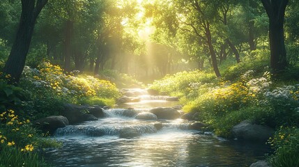 Obraz premium A quiet stream meanders through a lush green valley, its gentle murmur creating a peaceful and relaxing atmosphere