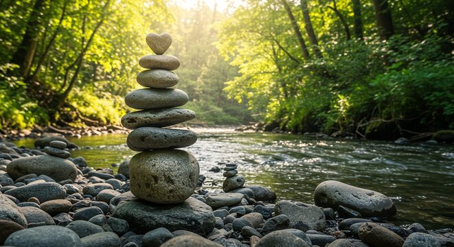 Zen balanced stones nature river meditation peace harmony spiritual wellness cairn rocks calm landscape