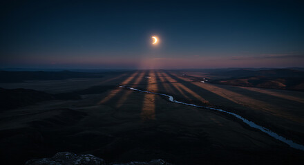 Crescent Moon Over Winding River Valley with Striking Light Rays