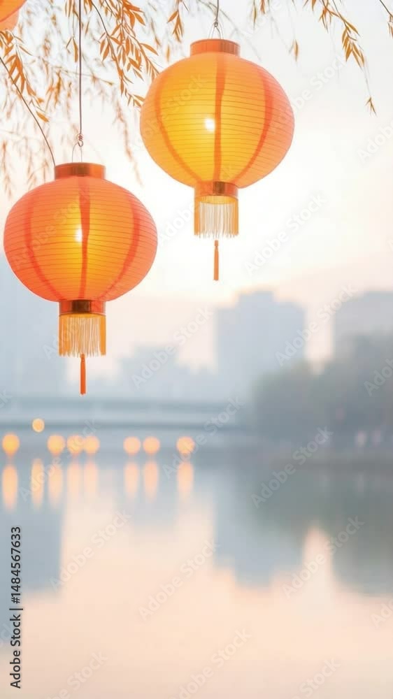 Poster vertical video of traditional lanterns with warm light and glowing orange light hang foreground, cit