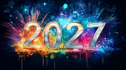 2027 New Year Celebration, Sparkling Fireworks, Vibrant Explosions, Festive Atmosphere