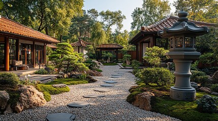 Fototapeta premium A serene Japanese garden with meticulously raked gravel, moss-covered lanterns, and carefully pruned bonsai trees