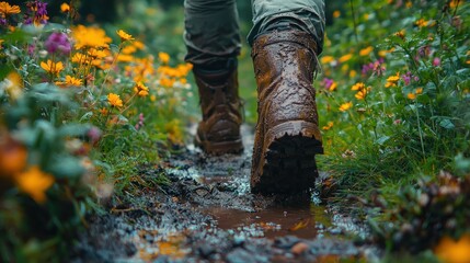 Fototapeta premium Hiking boots through a muddy trail in a flower-filled meadow