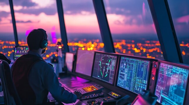 Airport Control Tower at Night - City Lights in View
