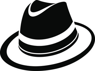 Stylized black fedora hat with white band, featuring a pinched crown and wide brim. Flat silhouette design on white background, perfect for icons, apparel graphics, or retro fashion themes.