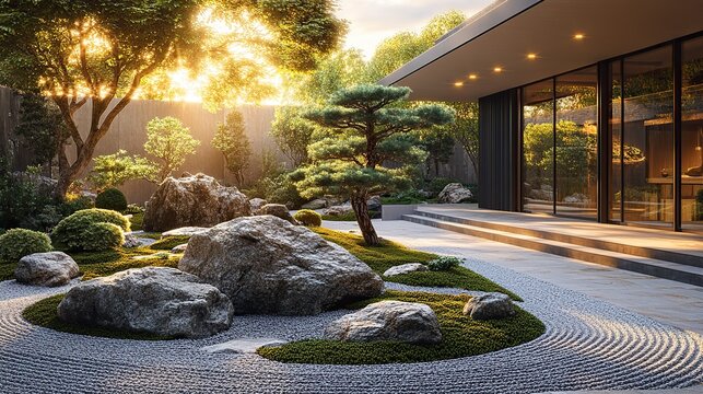 A serene Japanese garden with meticulously raked gravel, moss-covered stones, and carefully pruned bonsai trees evokes a sense of peace and tranquility