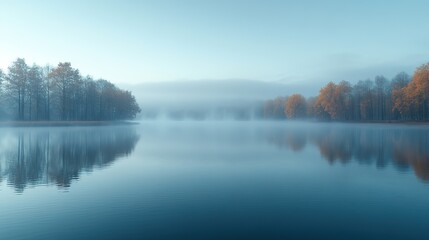 Obraz premium A serene lake at dawn with mist rising from the water's surface, creating an ethereal and mysterious atmosphere