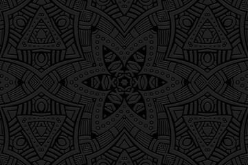 Geometric black background, tribal cover design, banner for design. Ethnic original 3D pattern, boho style. Relief ornaments, arabesques, mandala. Motives of the East, Asia, India, Mexico, Aztec, Peru