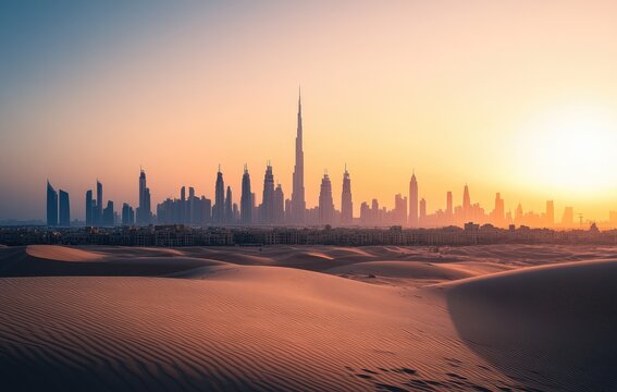 Fototapeta Desert sunset over city skyline (1)