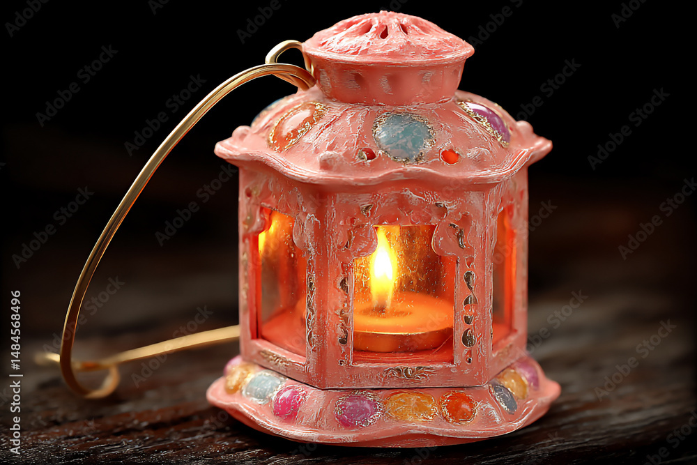 Poster dreamy 3d rendering of a softly glowing lantern with intricate islamic patterns
