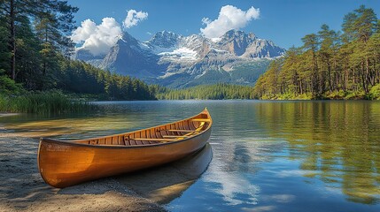A serene lake reflects the snow-capped mountains in its still waters, pine trees lining the shore, the crisp air carrying the scent of pine needles, a lone canoe rests on the sandy beach