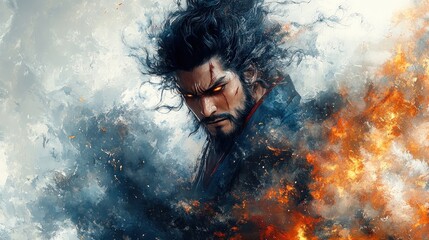 Fierce warrior, shrouded in flames and mist