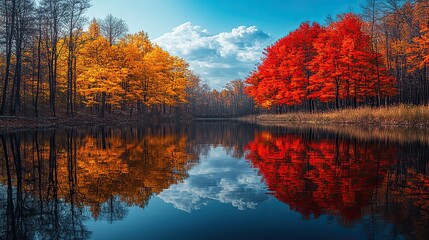 Obraz premium A serene lake surrounded by autumn foliage in vibrant shades of red, orange, and yellow reflects the colorful trees on its still surface, creating a picturesque scene of seasonal beauty
