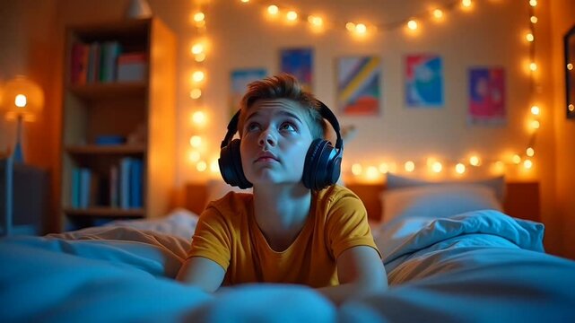 Boy lying on bed with headphones in cozy bedroom with string lights during evening, seamless looping 4k time-lapse animation video background. Relaxation concept