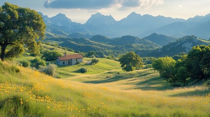 Obraz premium A serene mountain vista with panoramic views of rolling hills