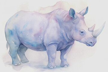 Obraz premium Delicate watercolor illustration of a majestic rhino in soft pastel blue and purple tones