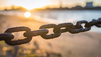 Close-Up of Rusty Metal Chain Links at Sunset